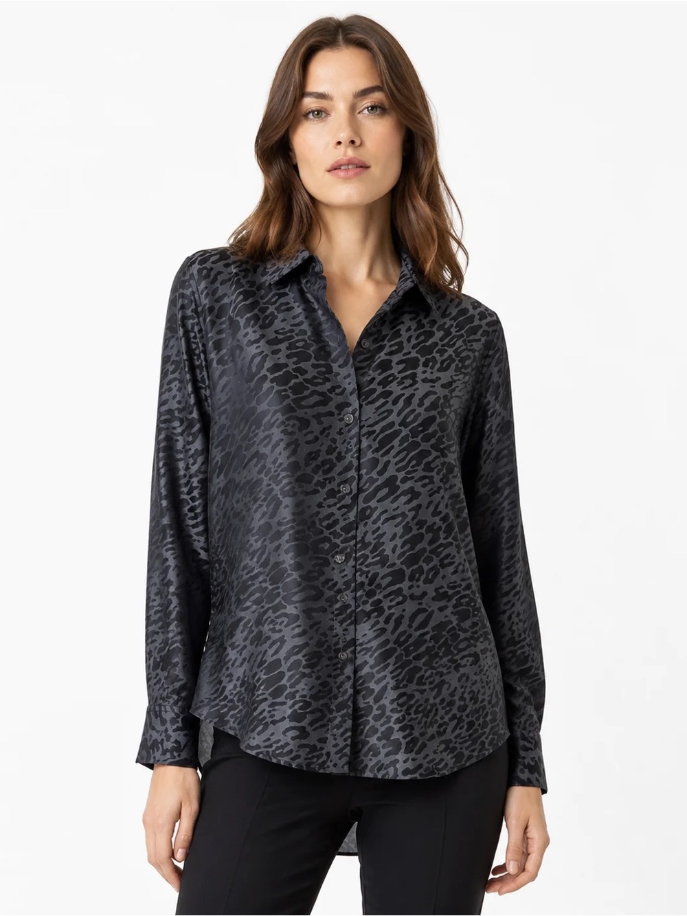 Equipment Charcoal Grey Animal Print Silk Blouse Size L